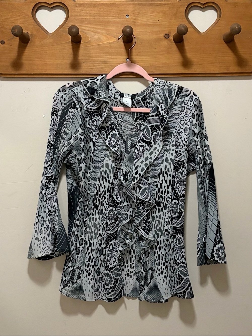 Studio 1940 Mixed Animal Floral Print Ruffle Blouse Black White L